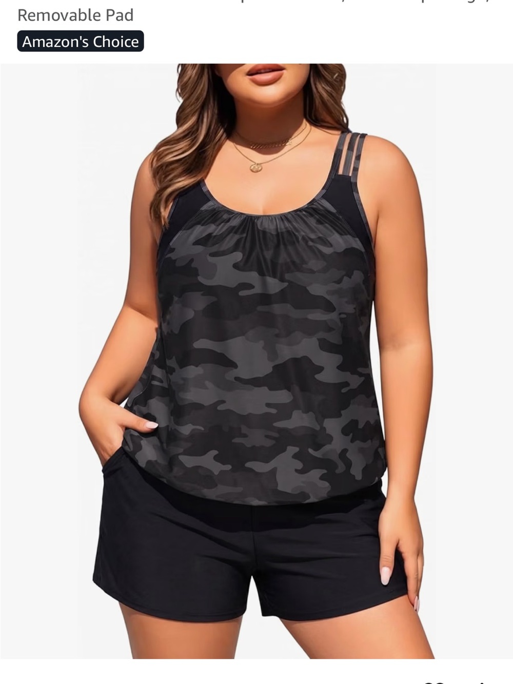 Plus Size Black Camo Swim Cami with Strappy Shoulders
